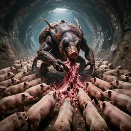 a monstrously huge evil insectoid monster eating the flesh of a thousand pigs, inside a vast tunnel, stetching as far as the eye can see,
