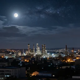 a big industrial city metropoli in the distance, cloudy dark sky, it's late at night the moon and the milky way shine, 3 6 0 render panorama, seamless