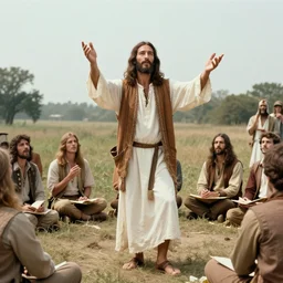 Jesus as a hippie in the 1960s performing a miracle