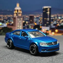 3 5 mm photo of metallic blue jetta like hot wheels model with mexico city as background, epic cinematic, epic lighting