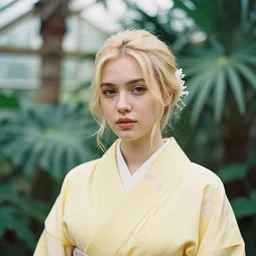head and shoulder portrait medium format photograph of a young blond woman wearing a yellow kimono in a tropical greenhouse. super resolution. 85 mm f1.8 lens.bokeh.graflex.