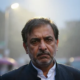portrait of imran khan in the rain, high detail, backlit, frown, wet skin, close headshot, fog, bokeh, streetlights