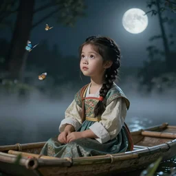 a neoclassical portrait of a cute little forest girl with a beautiful braid and dreamy eyes, sitting in a small bamboo boat, concept art, realism, wearing traditional attire and beautiful ornaments, moonlit night dreamy atmosphere, by  Johannes Vermeer, butterflies in the fog in a bokeh background, artstation, 8K