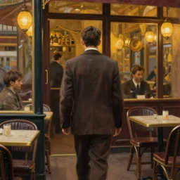 we see ewan mcgregor from behind walking in a cafe at paris in early 2 0 th century. atmospheric feeling, warm colours, brown colours, yellow colours, epic scene, cinematic, very detailed, oil painting