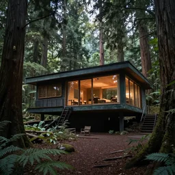 modern solarpunk house, in a magical redwood forest, photo