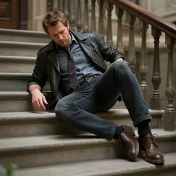 todd howard falls down the stairs, realism, detailed study, maximum detail, quality, high quality, soft light, depth of field, focus, realism, 8 k quality, classicism style,