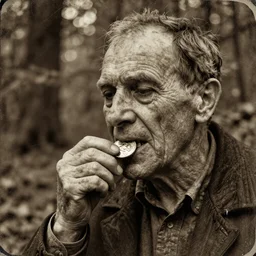 old retro burnt out sepia photograph with scratches of an old and wrinkled man biting a golden coin with his teeth. magical forest in the background with bokeh. Antique. High quality 8k. Intricate. Sony a7r iv 35mm. Award winning. Zdzislaw beksinski style