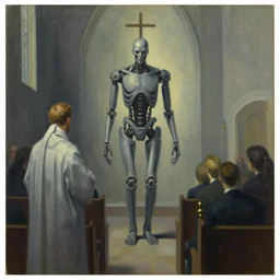 sunday mass at church of the cyborg god, human subjugation, mind control, dystopian, pj crook, edward hopper, oil on canvas