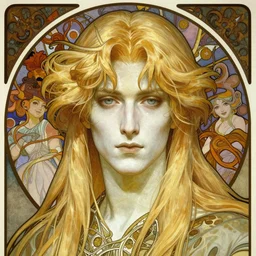 beautifully staged poster realistic detailed face portrait of Alucard Johan Liebert long blond hair, pale porcelain white skin, very very long luxurious beautiful blond hair, by Alphonse Mucha, Ayami Kojima, Amano, Charlie Bowater, Karol Bak, Greg Hildebrandt, Jean Delville, and Mark Brooks, Art Nouveau, Neo-Gothic, gothic, rich deep moody colors