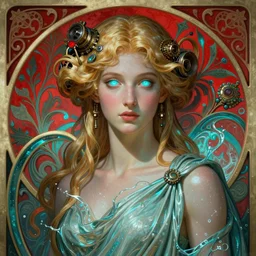 the greek goddess aphrotite, blond hair, draped in water, steampunk, beautiful glowing eyes, volumetric lights, red and cyan theme, art nouveau botanicals, intricate, highly detailed, digital painting, artstation, concept art, smooth, sharp focus, cinematic, illustration, beautiful face, art by artgerm and greg rutkowski and alphonse mucha