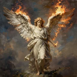a painting of an angel burning it’s wings. In the style of James a Jean.