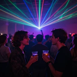 two friends partying at an alternative concert with drinks and lasers, crowd in the back, surrealism