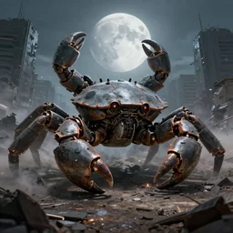 a very big grey giant mechanical weapons battle armor crab in the middle of war - torn battlefield of a crumbling city, dim sky, very big moon, some smoke, artstation, concept art, smooth, sharp focus, vivid grunge, illustration, superior quality, very detailed, 8 k, cinematic lighting, octane render,, wide angle, by bilibin and kuvshinov and