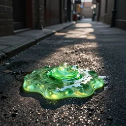 a sticky puddle of green luminous goop on the pavement in a back alley