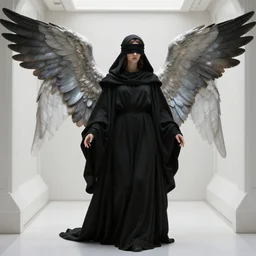 a heavenly angel in flowing black robes and sporting pearlescent wings, wearing a blindfold, blind, modest, head covered by a hood, black robes, alabaster, sculpted, black robes, standing in a white startship hallway, detailed, epic masterpiece, master cinematography, hyper realism, realistic shading, unreal engine, peter mohrbacher