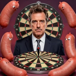 hyperrealistic mark ruffalo on a dartboard with a trippy surrealist mark ruffalo portrait surrounded by big fat sausages by aardman animation and Kotobukiya