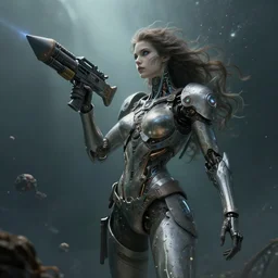 biblical daemonic bautiful cyborg girl with glowing veins, shoulder pads, rocket launcher, on planet titan, underwater photography, by gerald brom, by mikhail vrubel, by peter elson, muted colors, extreme detail, trending on artstation, 8 k