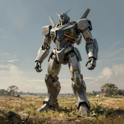 a single colossal robot statue in an empty field in the countryside by donato gioncola and michal karcz and simon stalenhag sharp digital painting. dreaming latent space. matte painting, concept art. artstation. digital render.