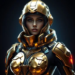 a full body digital concept art by artgerm, greg rutkowski and alphonse mucha. cyberpunk armor!! space traveller. proportional figure. delicate features. alluring. navigator gear, gold and platin plated, dark blue background, poster style, ultra realistic. ultra detailed, volumetric light. unreal engine. 8 k.