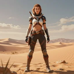 Aloy, standing confidently, desert in the background, natural lighting, concept art, sharp focus, comic book illustration, single character full body, rule of thirds, from Horizon: Zero Down, by John Kirby