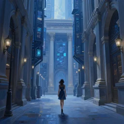 hyperrealistic and beautiful painting of an alley way within a grand city, lonely woman in a dress walking, classical architecture, technological lights, screens, cyberpunk style, 8 k resolution, by hugh ferris and john smith, polished, fine detail, intricate, blue color scheme, cyberpunk style, smooth, octane, concept art, trending on artstation