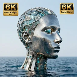 a giant human head metal and glass creative sculpture on the surface of the ocean, in the style of chad knight, hyper detailed, hyper realistic, ray tracing, 8 k resolution, sharp focus, award winning