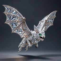 Screeching flying Bat with sparkling jeweled membranes, head made out of diamonds, a body made out crystal, legs made out of diamonds, mouth made out of emeralds.