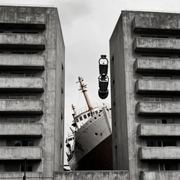 1 9 7 0 s photography, ship wreck standing vertical between brutalist buildings