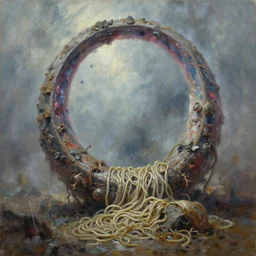 oil painting, broad strokes, deathworld battling prismatic hell hoop on aged mold coated muck stained algae noodles by kelly freas, geof darrow, alex ross, basil gogos fine art masterpiece baked at 3 0 0 f, matte painting, cold lighting, aged with sunlight, award winning horror, photorealistic render, cinematic