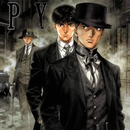 Peaky Blinders manga, moody lighting, smoky atmosphere, gritty Edwardian background. Hoshino Yukinobu, Saito Takao, Hoshino Yukinobu