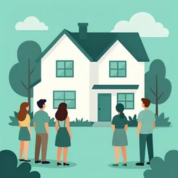 vector illustration of people looking at a house, tom whalen, sea green color theme