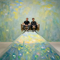 two guys sitting on a couch on top of a pyramid by monet