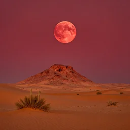 reddish alien desert with a red sky and red full moon, masterpiece of superior quality