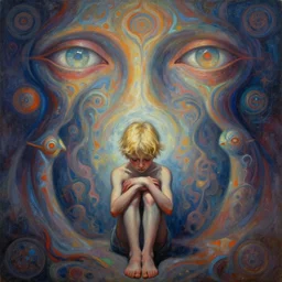 painful abstract surrealist forms by yvonne mcgillivray by android jones and wayne barlowe, powerful eyes glowing highly detailed painting of deep sadness alone, very young blonde boy spiritual abstract forms, expressive emotional sadness, symmetrical, trending on art station, abstract in emotional sadness expression, very very very beautiful, fantasy digital art, highly detailed patterned visionary art, magic symbols