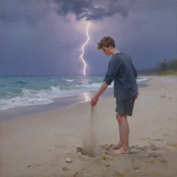 a full shot of a little man, standing on a beach, his hand slowly dissolving in sand and disappearing, early morning lightning, oil on canvas, artstation, by j. c. leyendecker and edmund blair leighton and charlie bowater, octane, very aesthetic!!!!!!!!!!!!!!!