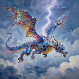 award winning oil painting of a lightning dragon, the dragon is made of panes of colored glass, flying in the clouds, high resolution photo, 8 k