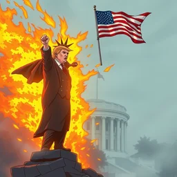 anime comic trump beating up the statue of liberty as whitehouse burns, fire, fog, flag