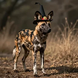 A photo of the world's greatest showman: the african wild dog dressed in a hat!