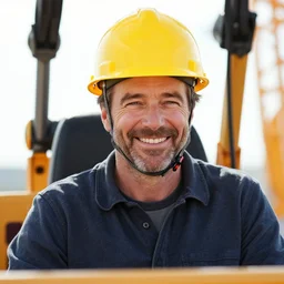 closeup portrait of cheerful bryan cranston with crane arms, construction, yellow hardhat, sitting in a crane, natural light, bloom, detailed face, magazine, press, photo, steve mccurry, david lazar, canon, nikon, focus