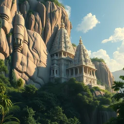 colossal and beautiful hindu temple, ornate architecture, carved in white marble, cliffside, lush jungle, atmosphere, dramatic lighting, epic composition, close up, low angle, wide angle, by miyazaki, nausicaa ghibli, breath of the wild