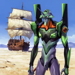 a green half - demon stands beside his wrecked full sail fifteenth century carrack at the bottom of a dried - up lake in an ivory desert, evangelion, kyoto animation still, intricately detailed features, digital painting, yoshiyuki sadamoto