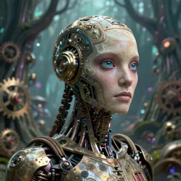 35mm portrait of intricate 7 of 9 borg with eye implant, on the background of a weird magical mechanical forest. Round gears visible inside her hear. Very detailed 8k. Fantasy cyberpunk horror. Sharp. Cinematic post-processing