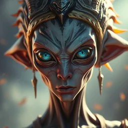 an epic fantasy comic book style portrait painting of an alien, studio ghibli, unreal 5, daz, hyperrealistic, octane render, cosplay, rpg portrait, dynamic lighting, intricate detail, harvest fall vibrancy, cinematic