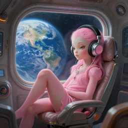 beautiful pink little alien girl in her space ship quarters chilling, large window showing planet earth, headphones, diffuse lighting, fantasy, intricate, elegant, highly detailed, lifelike, digital painting, cinestill 8 0 0 t 2 0 0 mm, concept art, frank frazetta, marco bucci, loish, rossdraws, artgerm, alphonse mucha