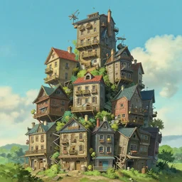 stacked houses, solarpunk, francois schuiten, studio ghibli, octane render, 4 k