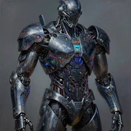 dark cyborg armor, made of intricate complex circuitry and microchips, iridescent, colorful, intricate linework, realistic oil painting, rutkowski, wlop, chebokha, artgerm