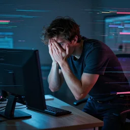 hyperrealistic photograph of a contrite man trying to escape a monitor, digital art, glitch art