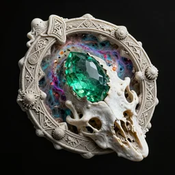 fracal nebula psy trip ghost color an ancient white bone and emerald gemstone relic, intricate engraving concept art style