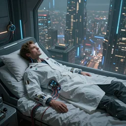 an intricate concept art illustration, middle shot, a man in his bed wearing a lab gown with electronic wires, overlooking a futuristic city, concept art, style by dylan cole and tyler edlin art, hyper realistic, sci - fi, cinematic, low - angle shot, unreal engine, epic lighting, artstation