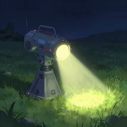 teleportation machine in a field at night, light shining from the machine and illuminating the grass, style of fantasy digital art